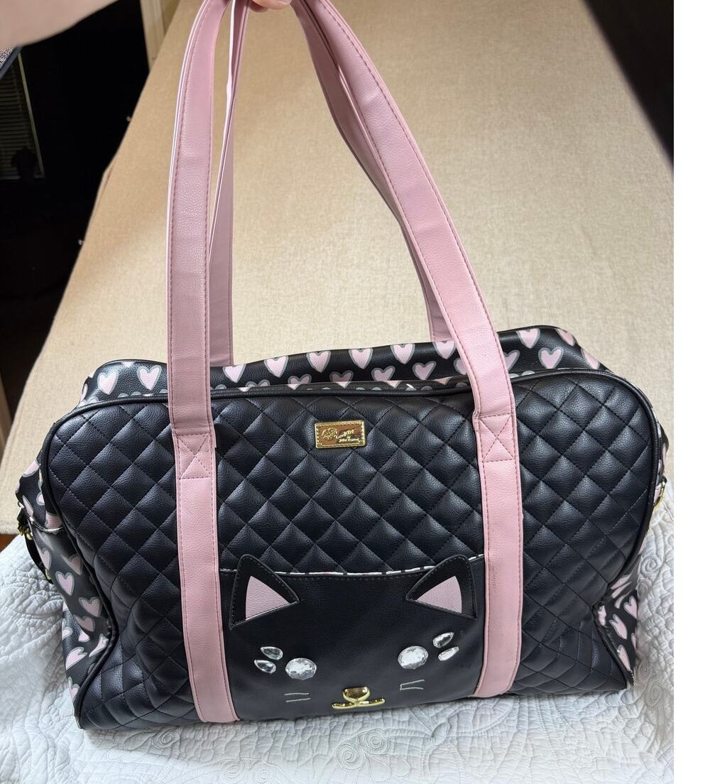 Betsey Johnson Women's Black Pink Luv Betsey Quilted Satchel Hearts Rhinestones